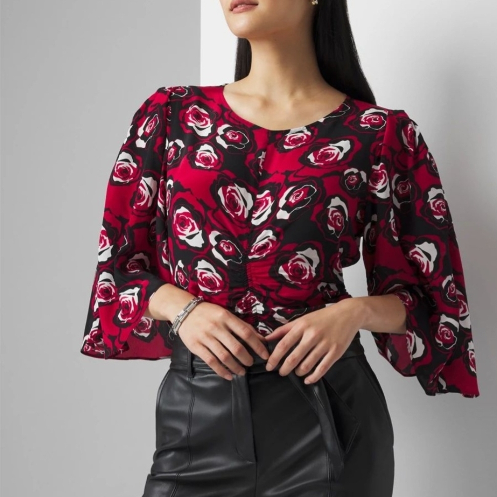 NWT White House Black Market Red and Black Floral Blouse Sz XL